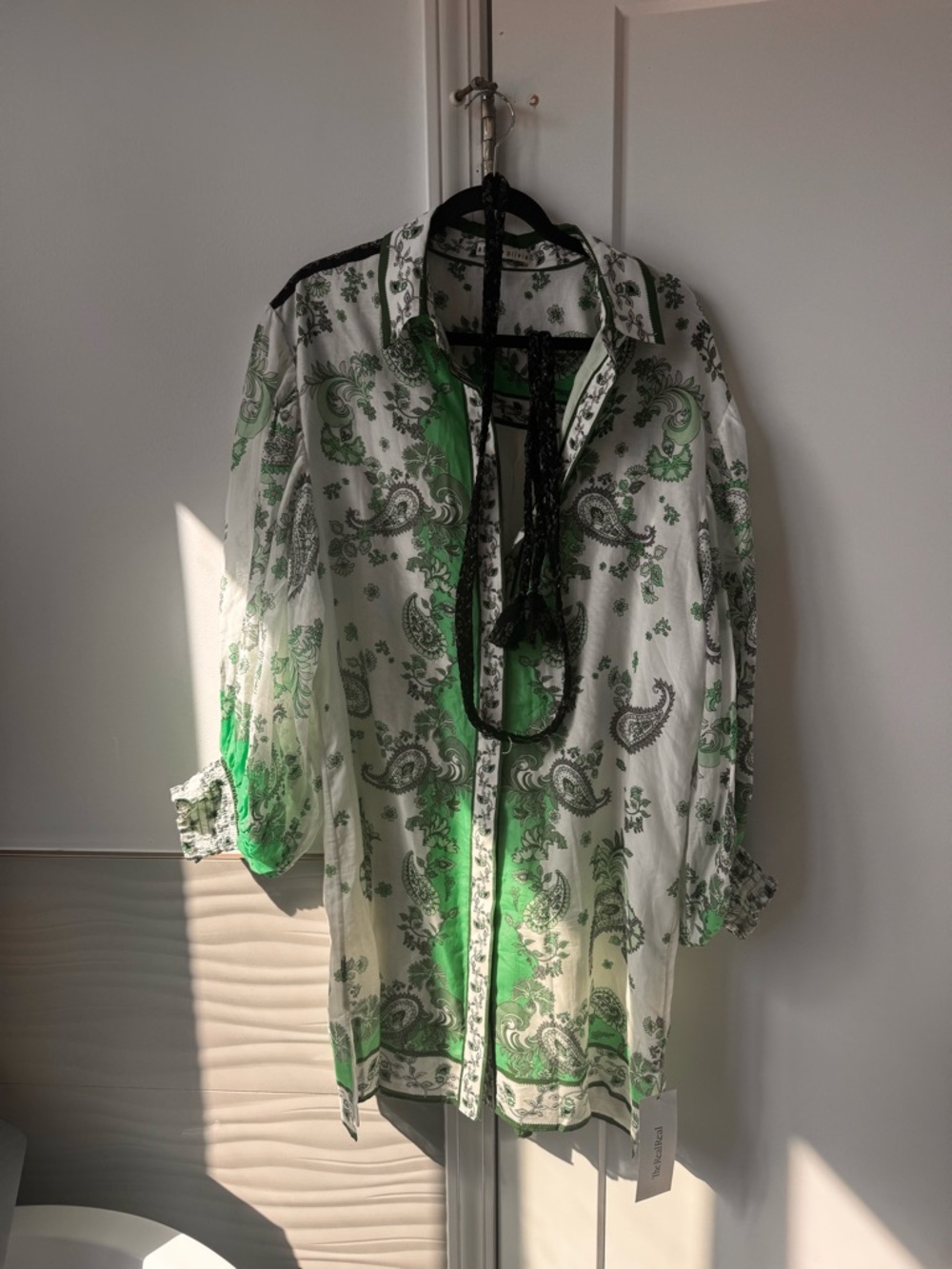 Alice + Olivia White and Green Paisley Button-Down dress